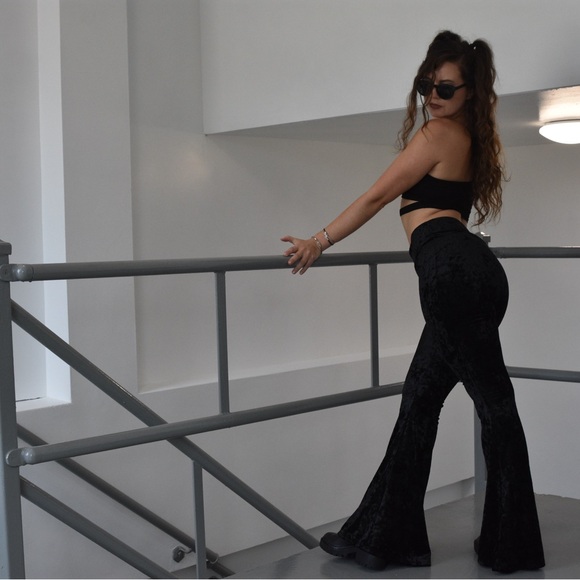 Velvet Black Bell Bottom Pants - Picture 3 of 5